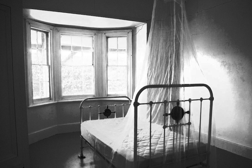 An iron-frame single bed with a fly screen hanging from above faces toward uncovered windows in an otherwise empty room.
