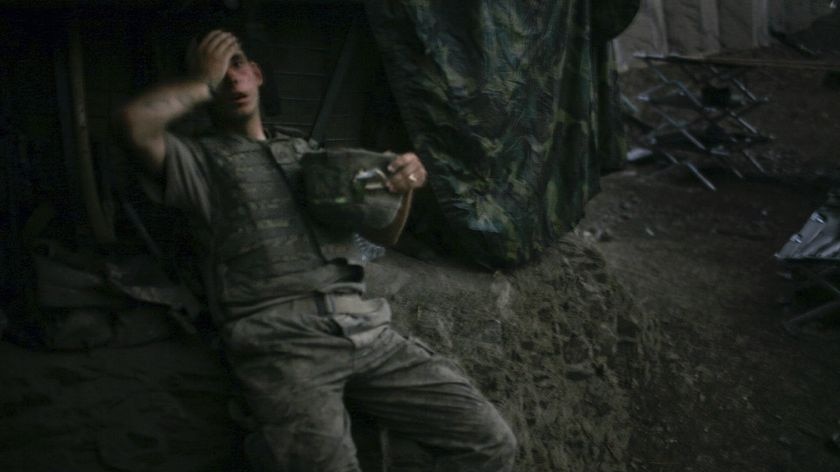 Tim Hetherington's photo shows an unidentified US soldier resting in a bunker in the Korengal Valley, Afghanistan, on September 16, 2007.