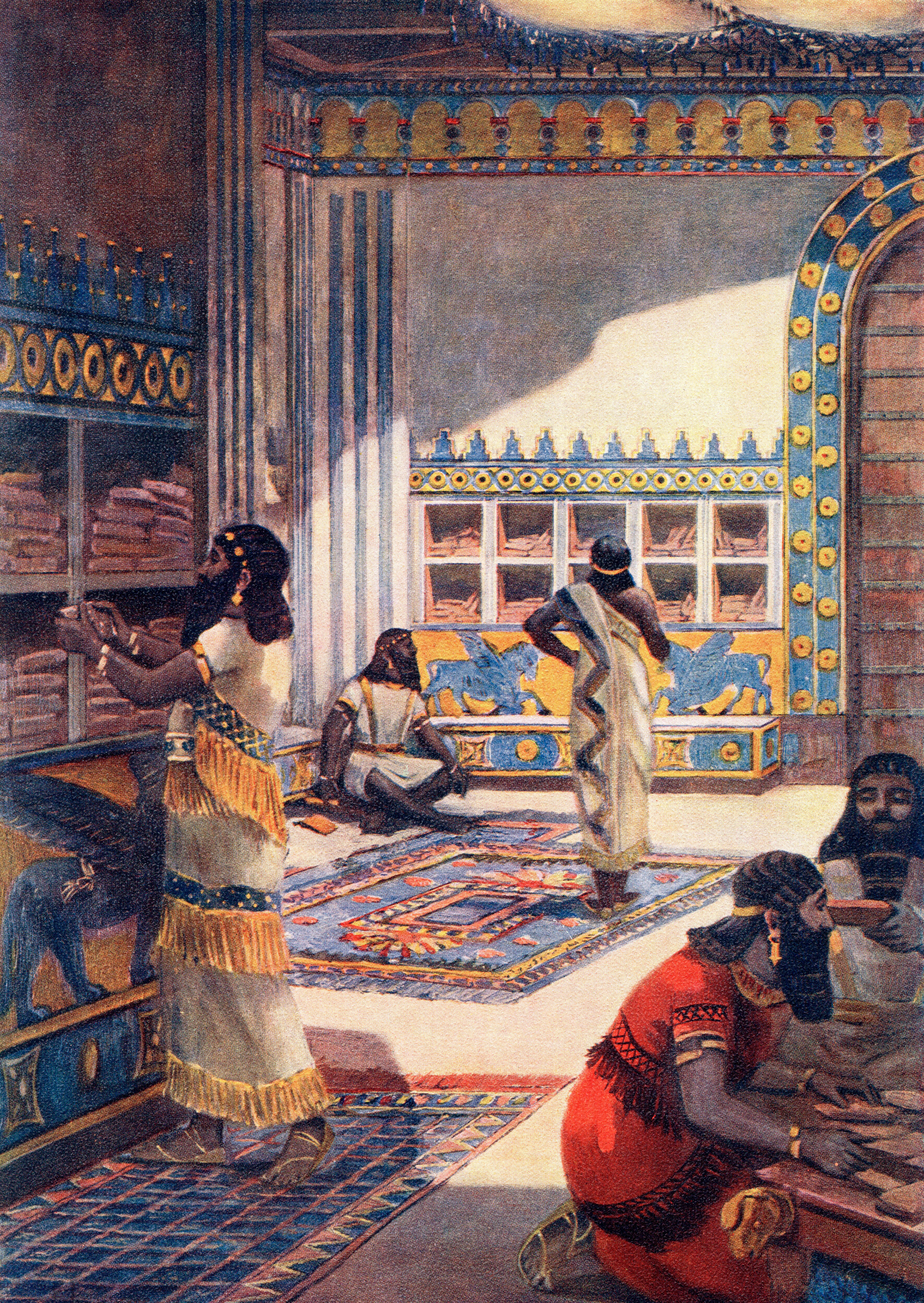 An illustration of an ancient library with people and clay tablets.