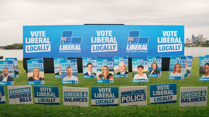 Liberal candidate election signs on a lawn.