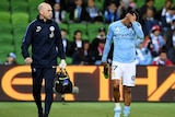 Tim Cahill wipes his face as he leaves the field with shoe in hand accompanied by a medic.