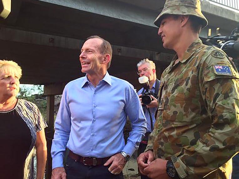 Prime Minister Tony Abbott visits soldiers in Rockhampton helping with the cyclone clean-up.