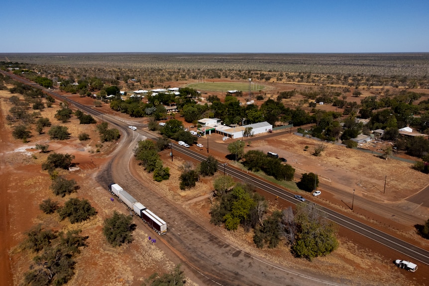 an aerial view of an outback town