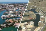 A composite image of two aerial photographs taken two decades apart, showing the change in landscape.