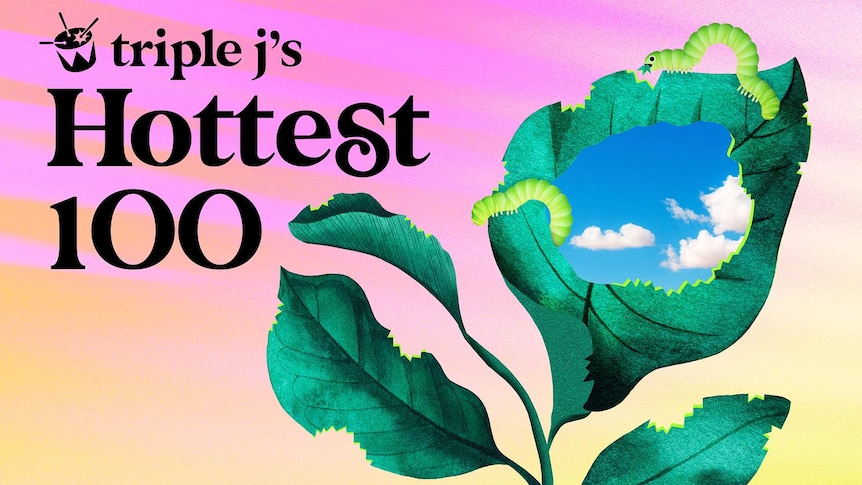 The artwork for triple j's Hottest 100 of 2020 with baby caterpillars eating a hold in a leaf with a view to a blue skyline