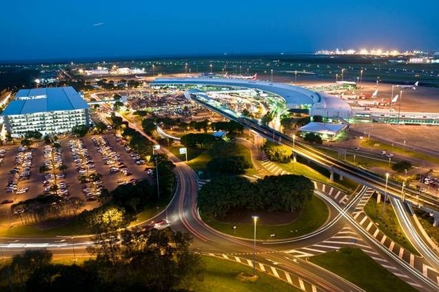 Brisbane Airport from the air at night.