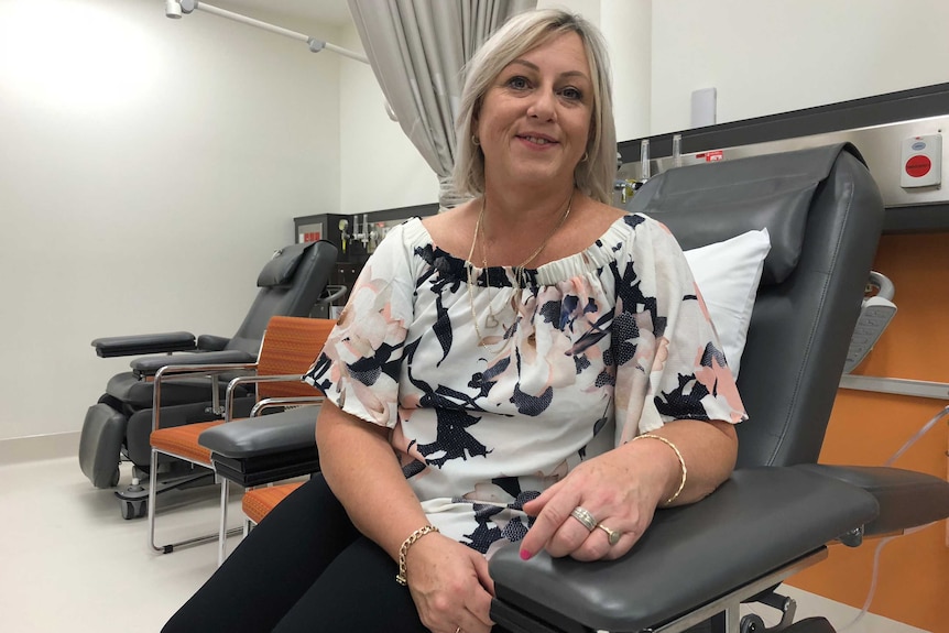 Sharon Golowka is photographed in a chemotherapy chair at Peter McCallum Cancer Centre in Melbourne.