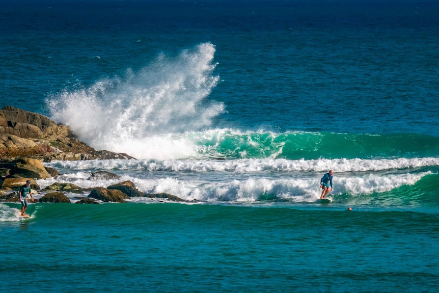 Surfers in the breaking waves at Valla Beach in New South Wales.