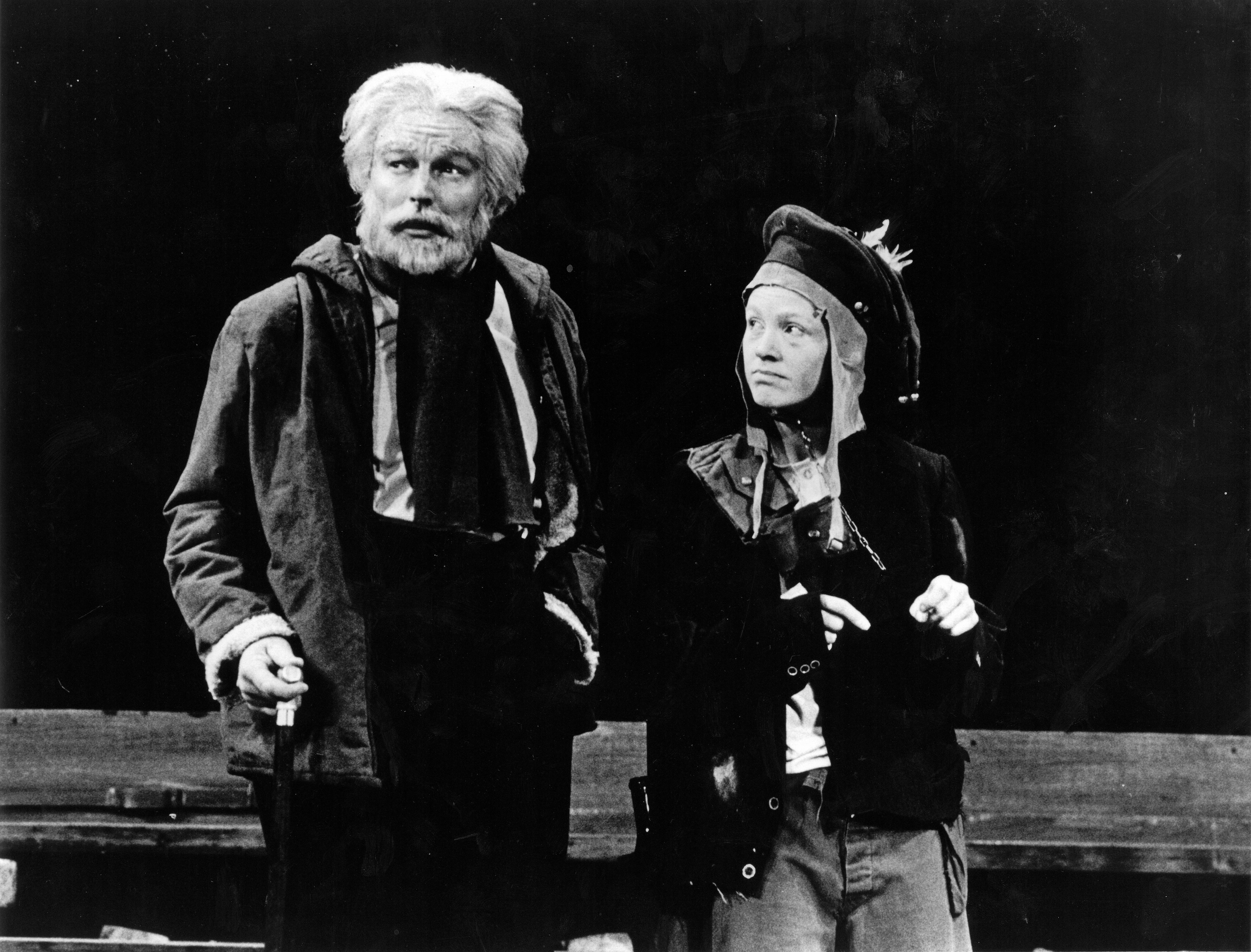 Black and white historical image of a man and woman acting in a Shakespeare play