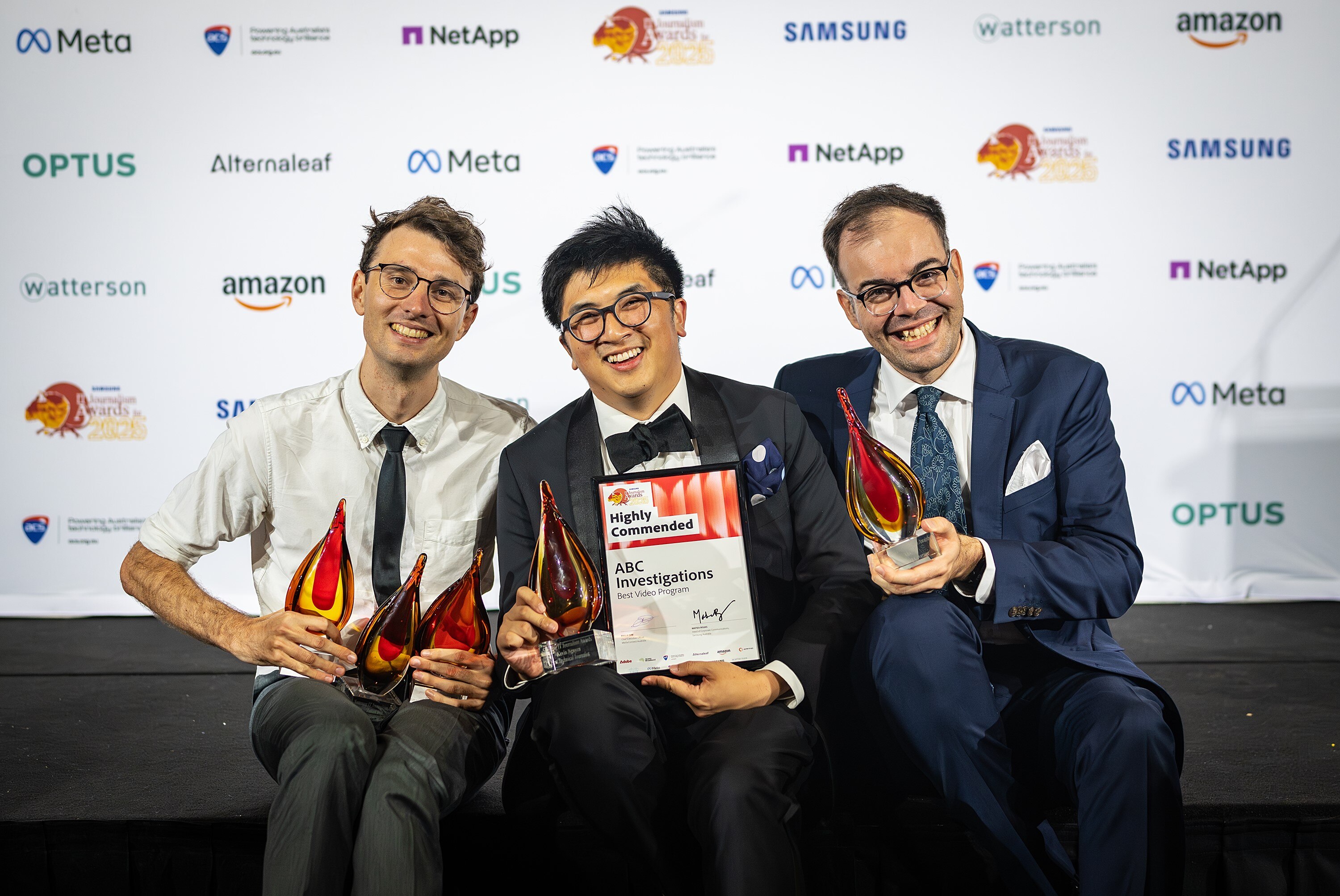 Julian Fell, Kevin Nguyen and Gianfranco Di Giovanni at 2025 Australian IT Journalism Awards The Lizzies