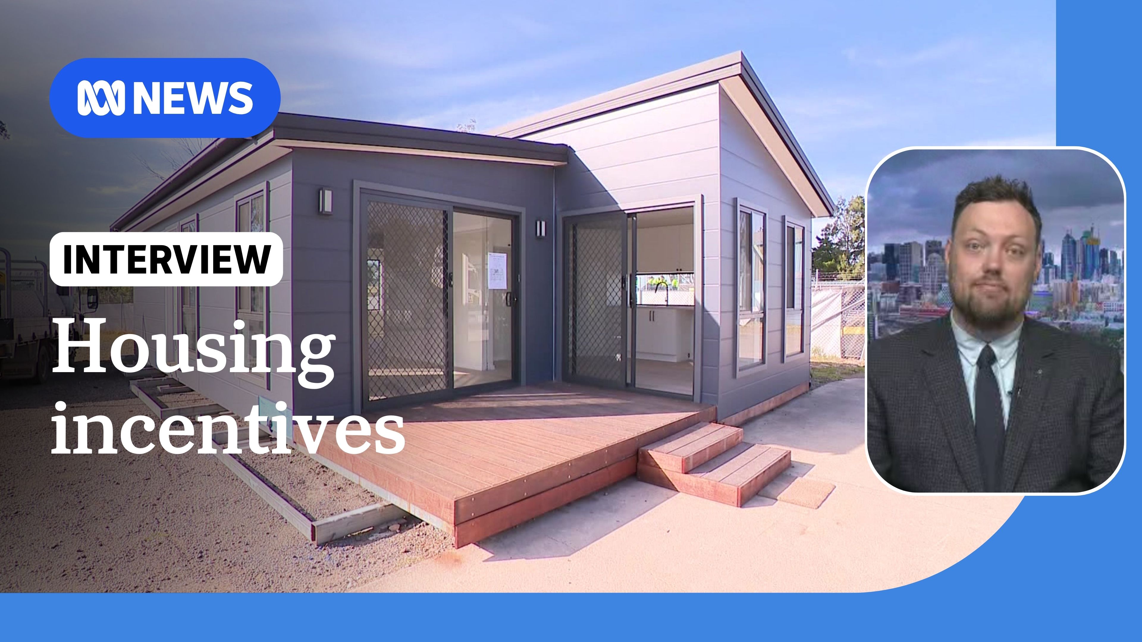 Housing incentives: Modular house with image of man inset. 