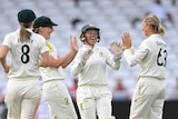 A group of smiling Australian cricketers raise their hands for a high five to congratulate a bowler after she takes a wicket.