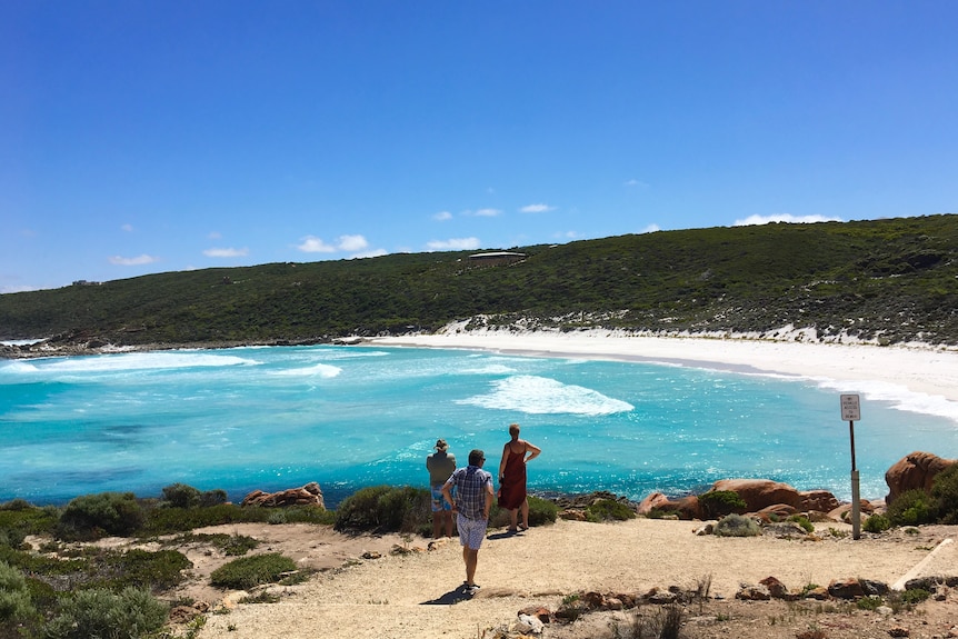 A few people standing on a spectacular beach on a stunning day.