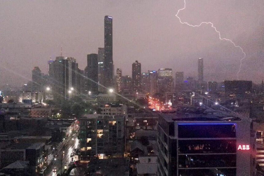 A lightning bolt over the city of Brisbane