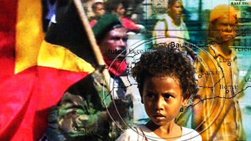 A collage of an East Timorese child, civilian and military soldier carrying the East Timorese flag.