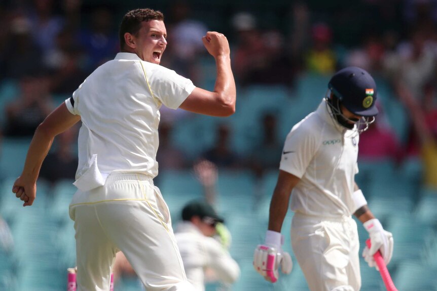 Australia fast bowler Josh Hazlewood looks over his shoulder and pumps his fist to celebrate dismissing Virat Kohli in a Test.