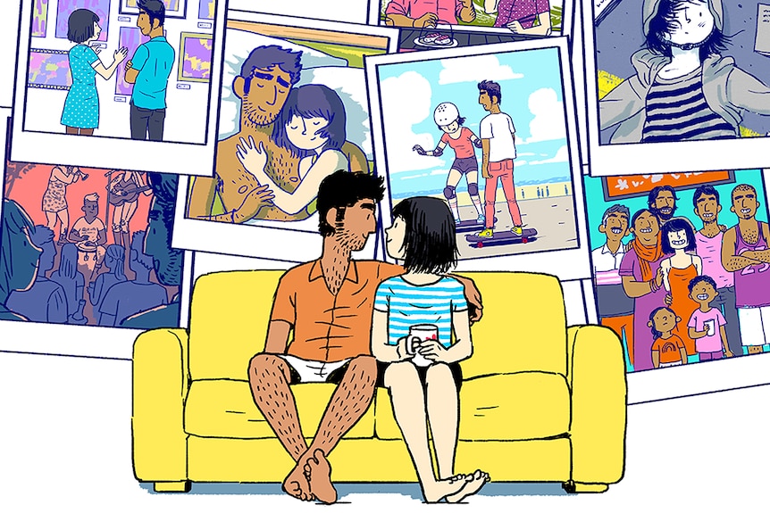 Colour illustration of two characters sitting together on couch in front of large polaroids from mobile game Florence.