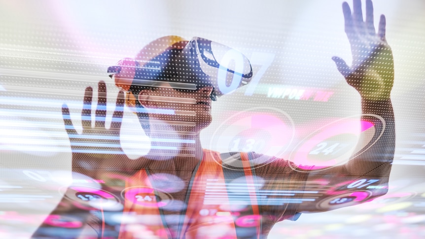 Double exposure of male engineer using virtual reality simulator headset touching hands in air