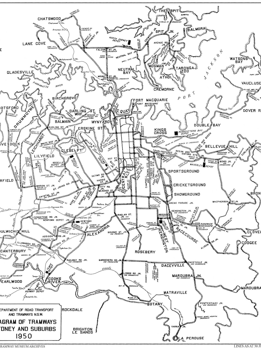 Map of Sydney's tram network in the 1950s