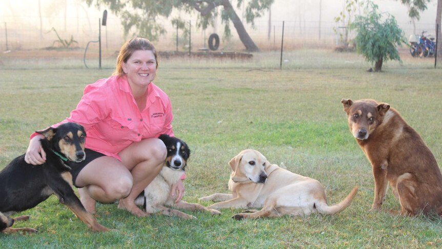 Cattle producer and livestock agency owner Kylie Stretton in her backyard with her family's dogs, Farmer, Ned, Buddy and AJ.