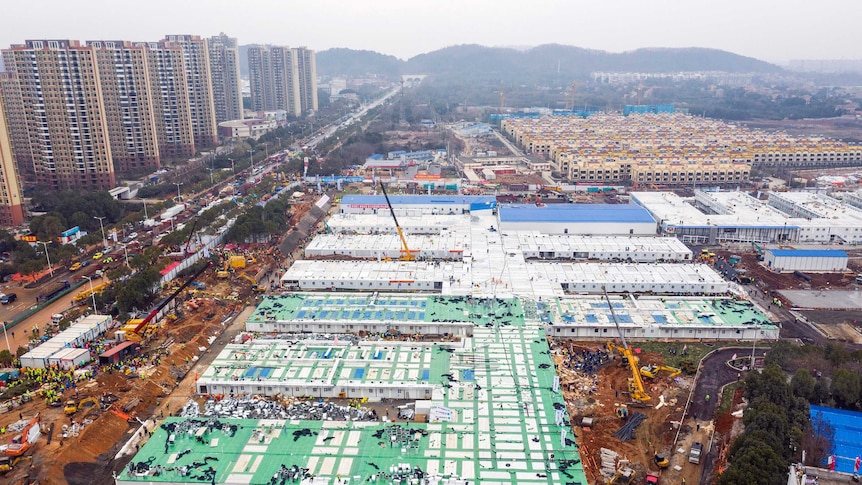 An aerial view of the Huoshenshan temporary field hospital under construction.