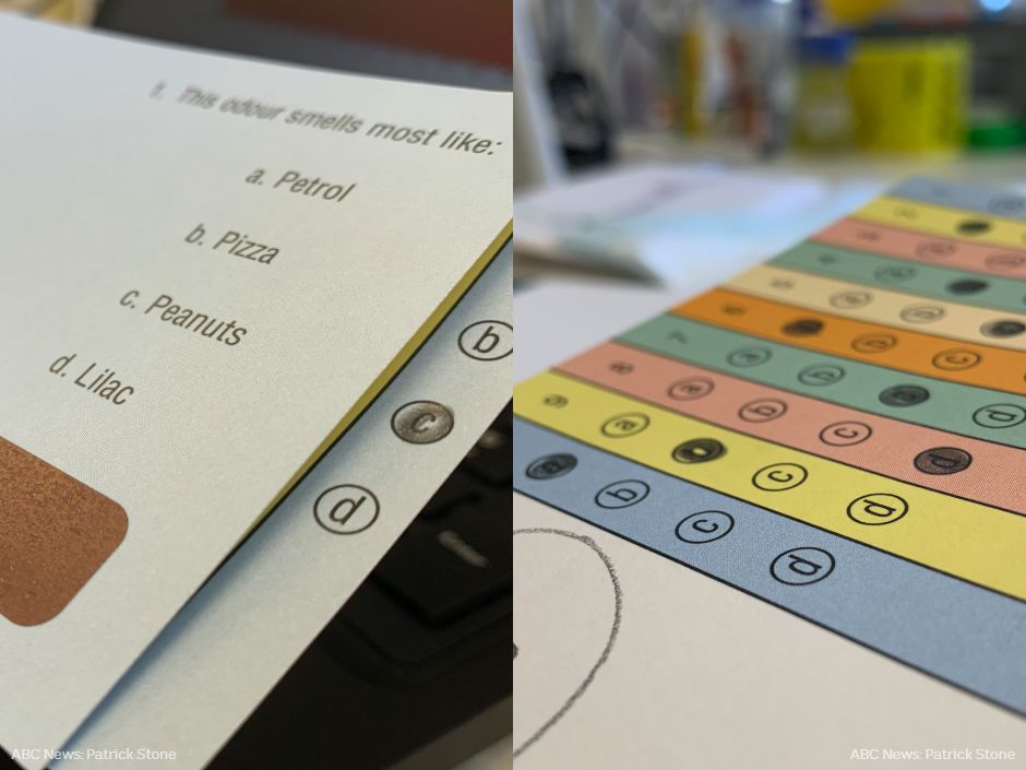 Two images show a smell test. A questionnaire that lists a series of odours and an answer sheet.