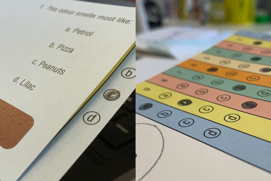 Two images show a smell test. A questionnaire that lists a series of odours and an answer sheet.