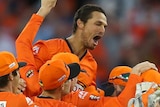 Scorchers celebrate after beating the Stars