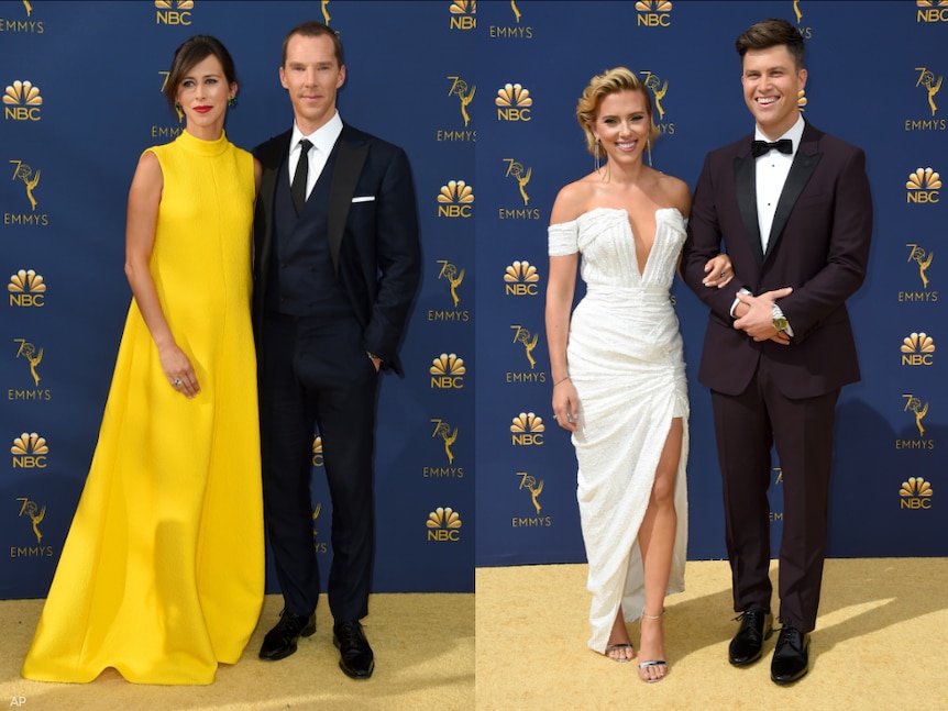 Sophie Hunter and Benedict Cumberbatch, Scarlett Johansson and Emmy host Colin Jost.