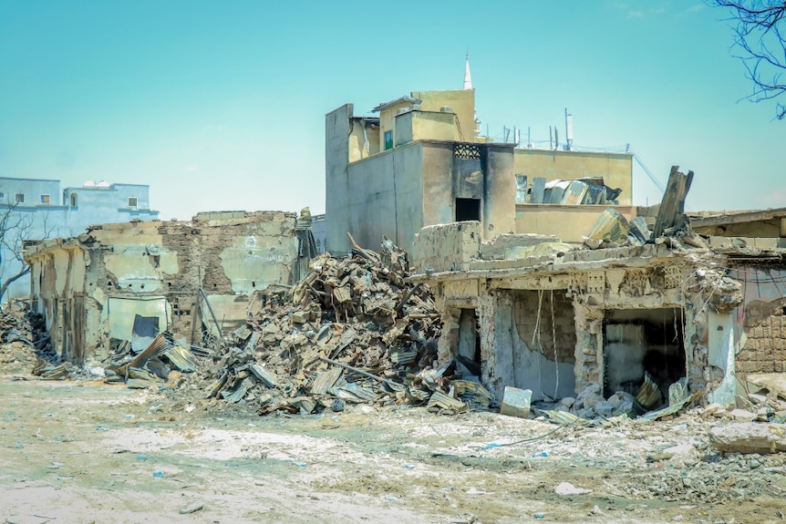 The burnt remains of a building.