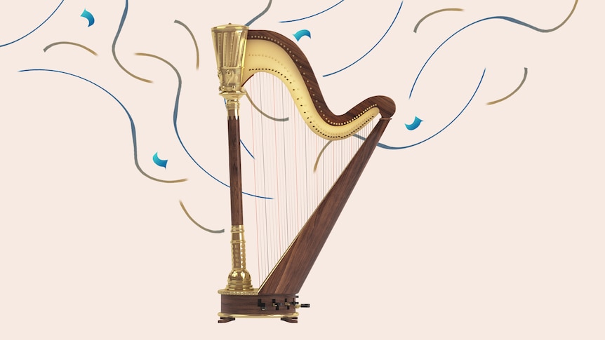 A tall wooden concert harp with gold trimmings and many foot pedals on a beige background. 