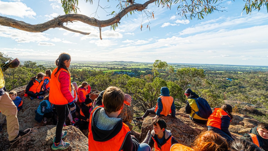 Kids in hi-vis vests enjoying the sunny view from a mountain overlooking green flat land, central Victoria.