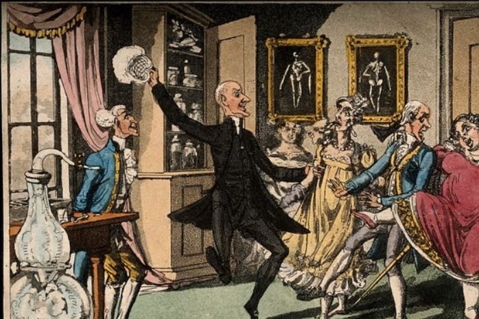 An old, coloured cartoon shows well-dressed men and women dancing indoors. A large bottle with mouth-piece sits to the side.