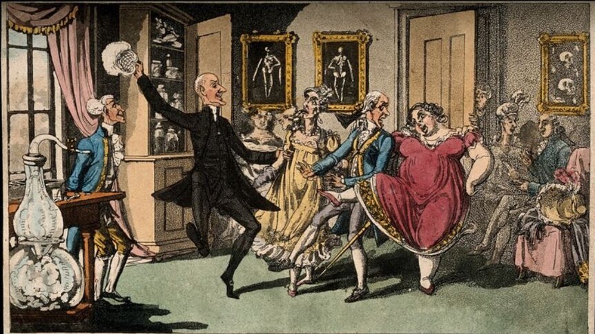 An old, coloured cartoon shows well-dressed men and women dancing indoors. A large bottle with mouth-piece sits to the side.