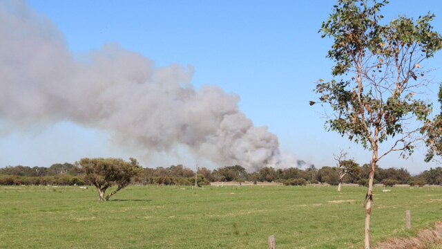 Smoke rises above bushland from a large fire in the Shire of Harvey south of Perth.