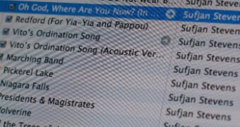 An Apple iTunes library showing songs by Sufjan Stevens.