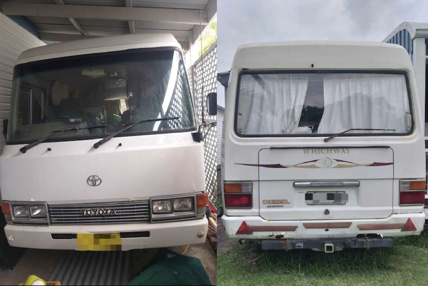 A composite picture of the front and rear of a minibus before it was converted into a sef-sufficient rolling home.