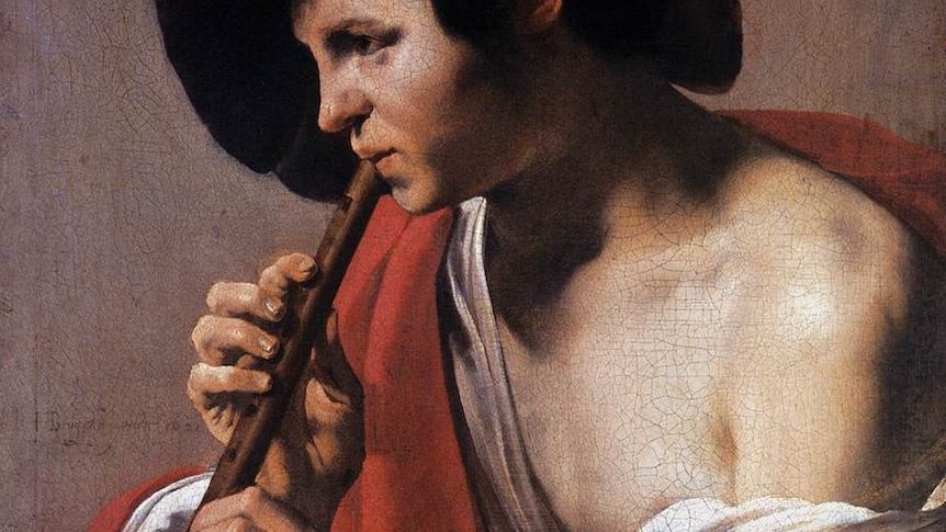 Painting of a young boy facing left, holding a recorder to their lips.