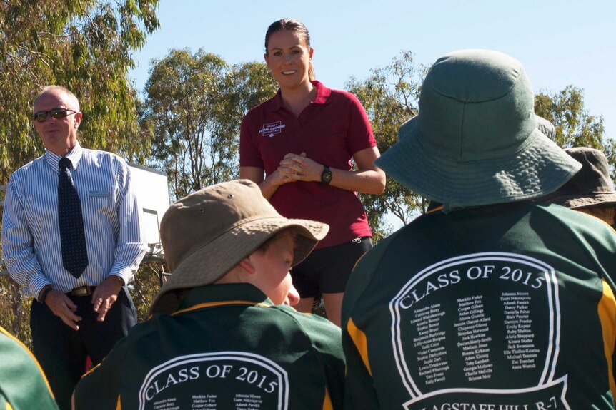 Natalie von Bertouch talks to students at Flagstaff Hill Primary School.