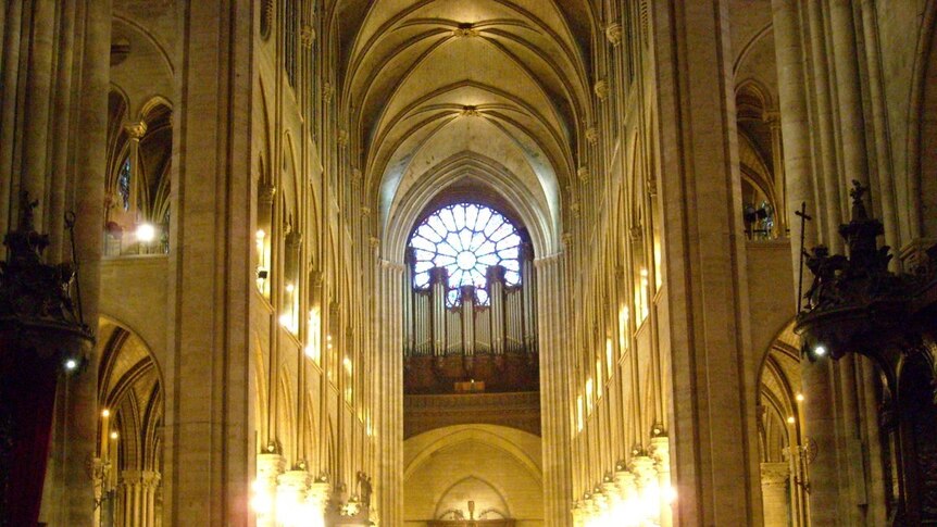 The nave and altar of Notre-Dame in Paris as seen from the choir.