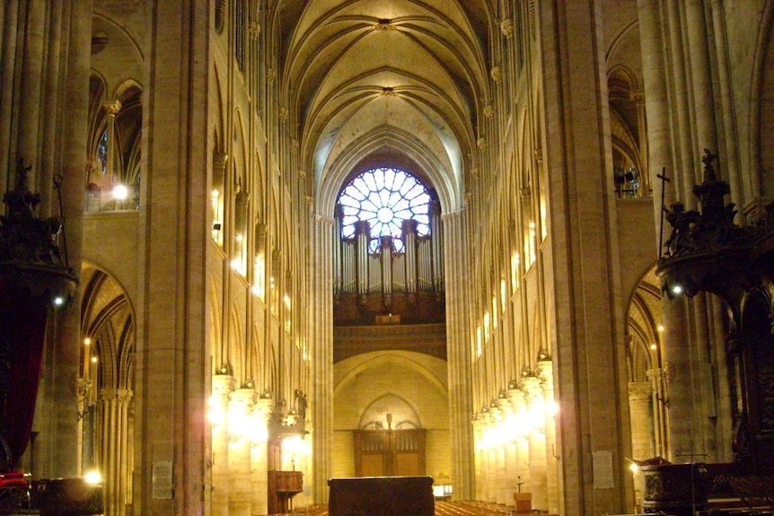 The nave and altar of Notre-Dame in Paris as seen from the choir.