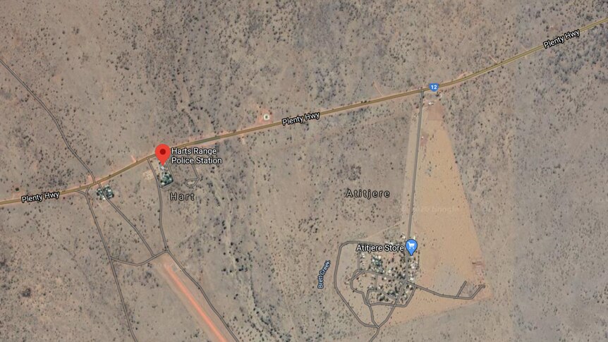 A Google map satellite image showing the Harts Range police station and the nearby community itself