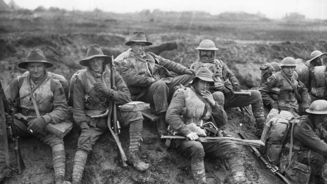 Australian soldiers rest en route to the trenches in December 1916.
