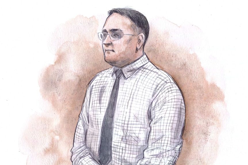 A sketch of an expressionless man wearing glasses, a white shirt and tie