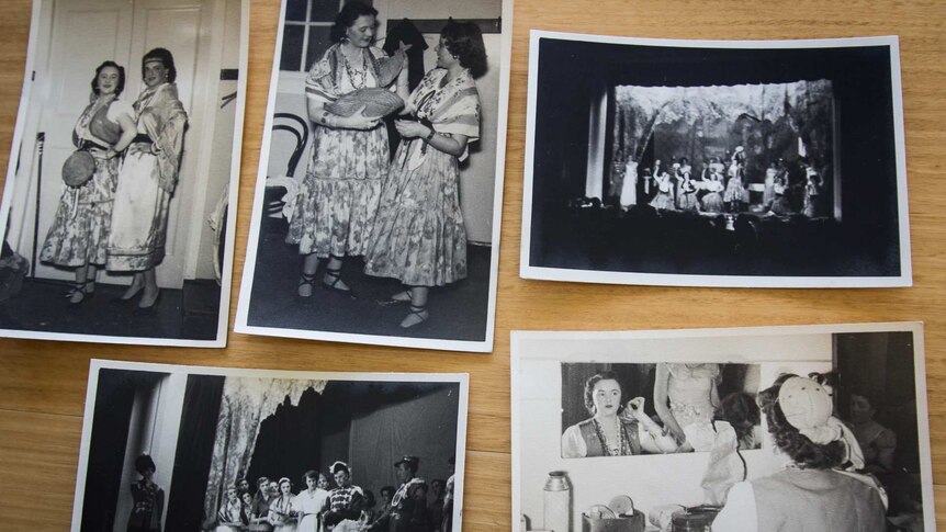 A group of photos of women preforming at a theatre.