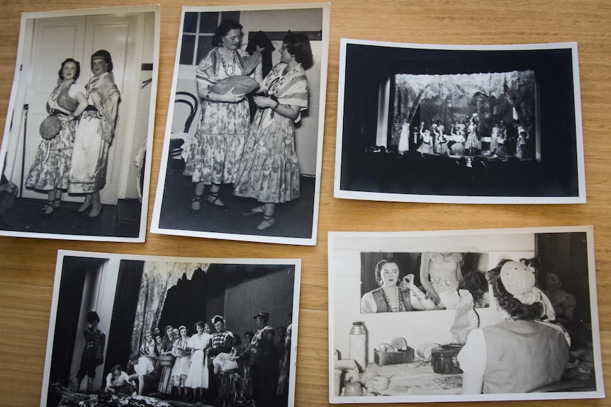 A group of photos of women preforming at a theatre.