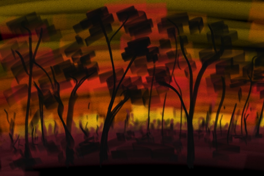 Hand drawn trees black against the glow of red in the background.