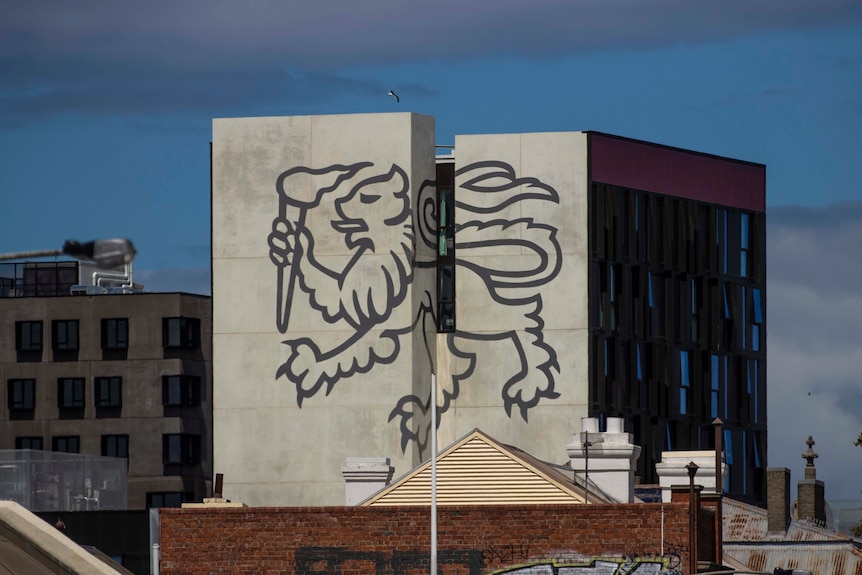 The University of Tasmania's lion logo on its city accommodation.