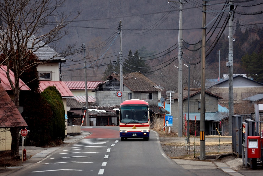 A school bus drives down an empty street in Ten-ei Village
