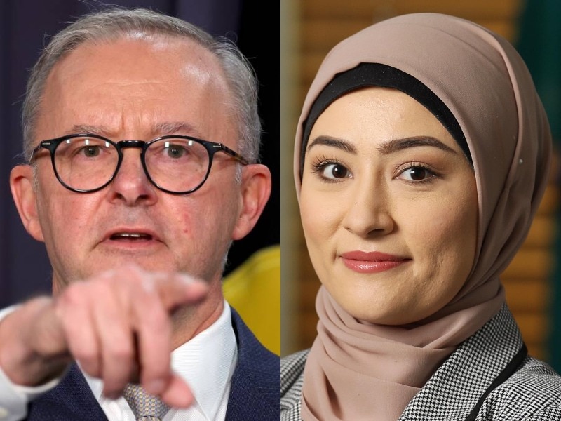 a composite image shows a man with glasses pointing and a woman in a muslim headscarf smiling